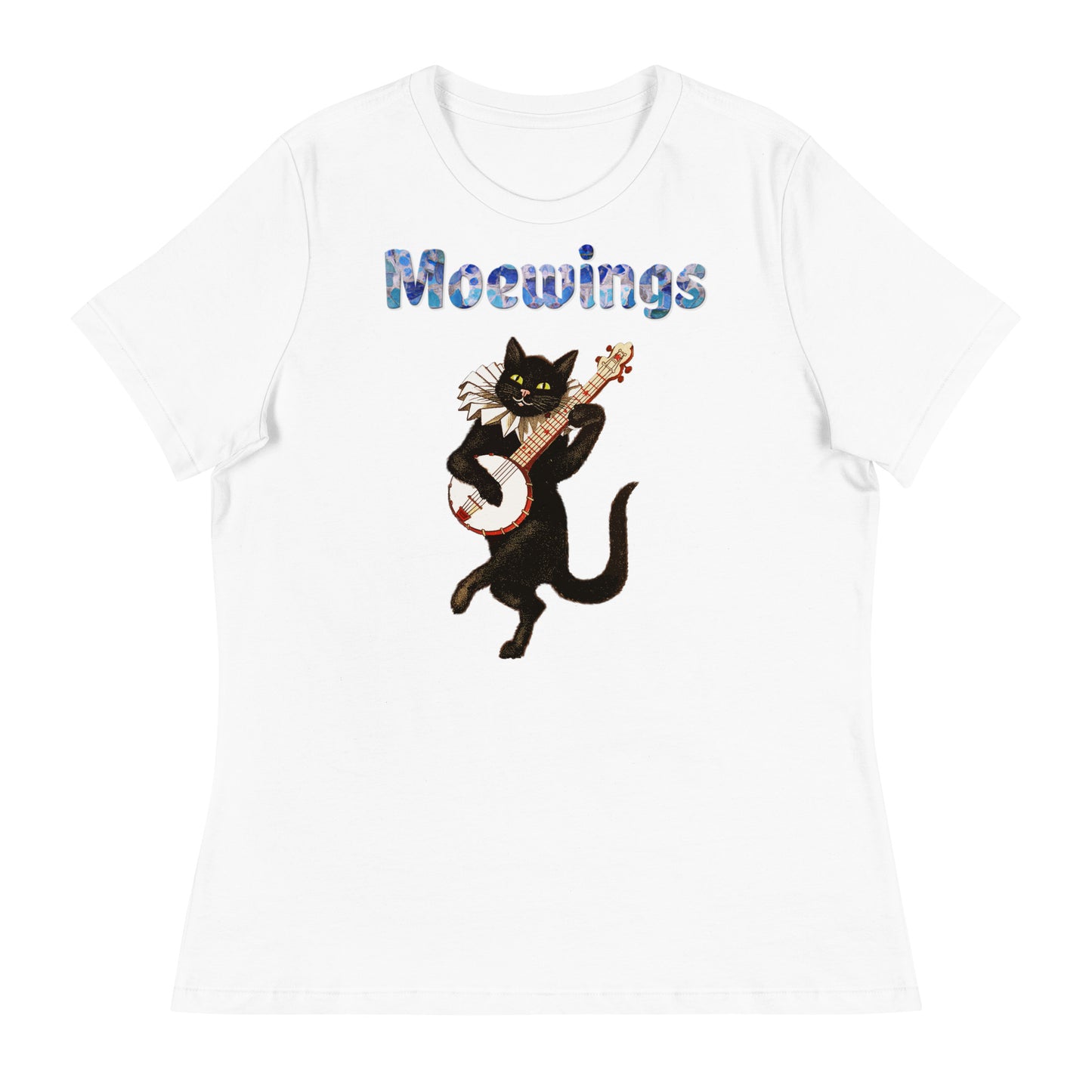 Women's White T-Shirt with Cat Playing a Banjo with a text "Moewings" at $25.97 found at Personalizedpetlovergifts