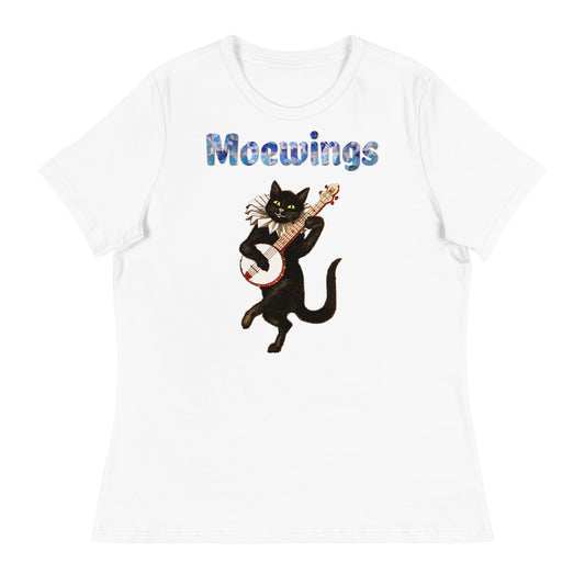 Women's White T-Shirt with Cat Playing a Banjo with a text "Moewings" at $25.97 found at Personalizedpetlovergifts