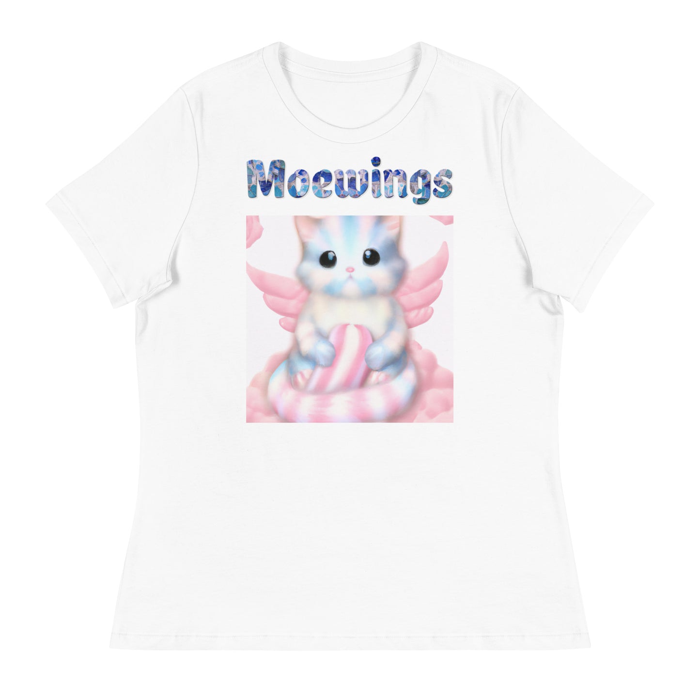 Women's White T-Shirt with Cat On Fluffy Cloud With Wings with a text "Moewings" at $25.97 found at Personalizedpetlovergifts