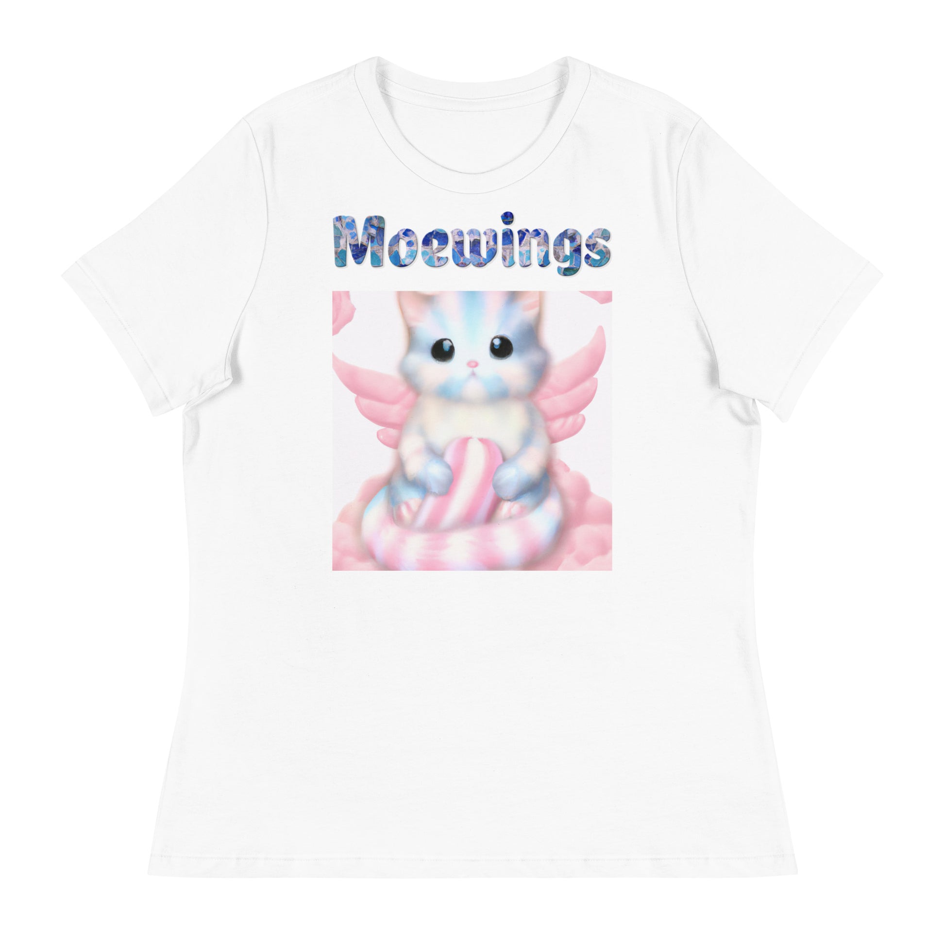 Women's White T-Shirt with Cat On Fluffy Cloud With Wings with a text "Moewings" at $25.97 found at Personalizedpetlovergifts