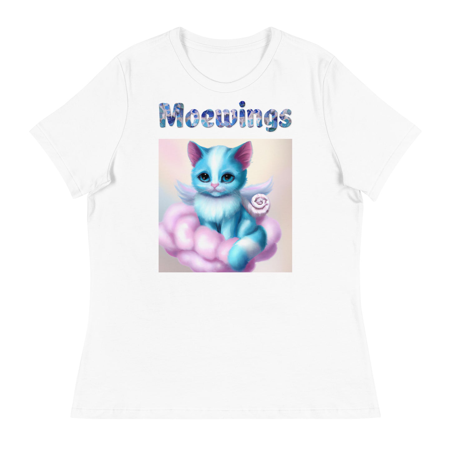 Women's White T-Shirt with Cat On a Pink Cloud with a text "Moewings" at $25.97 found at Personalizedpetlovergifts