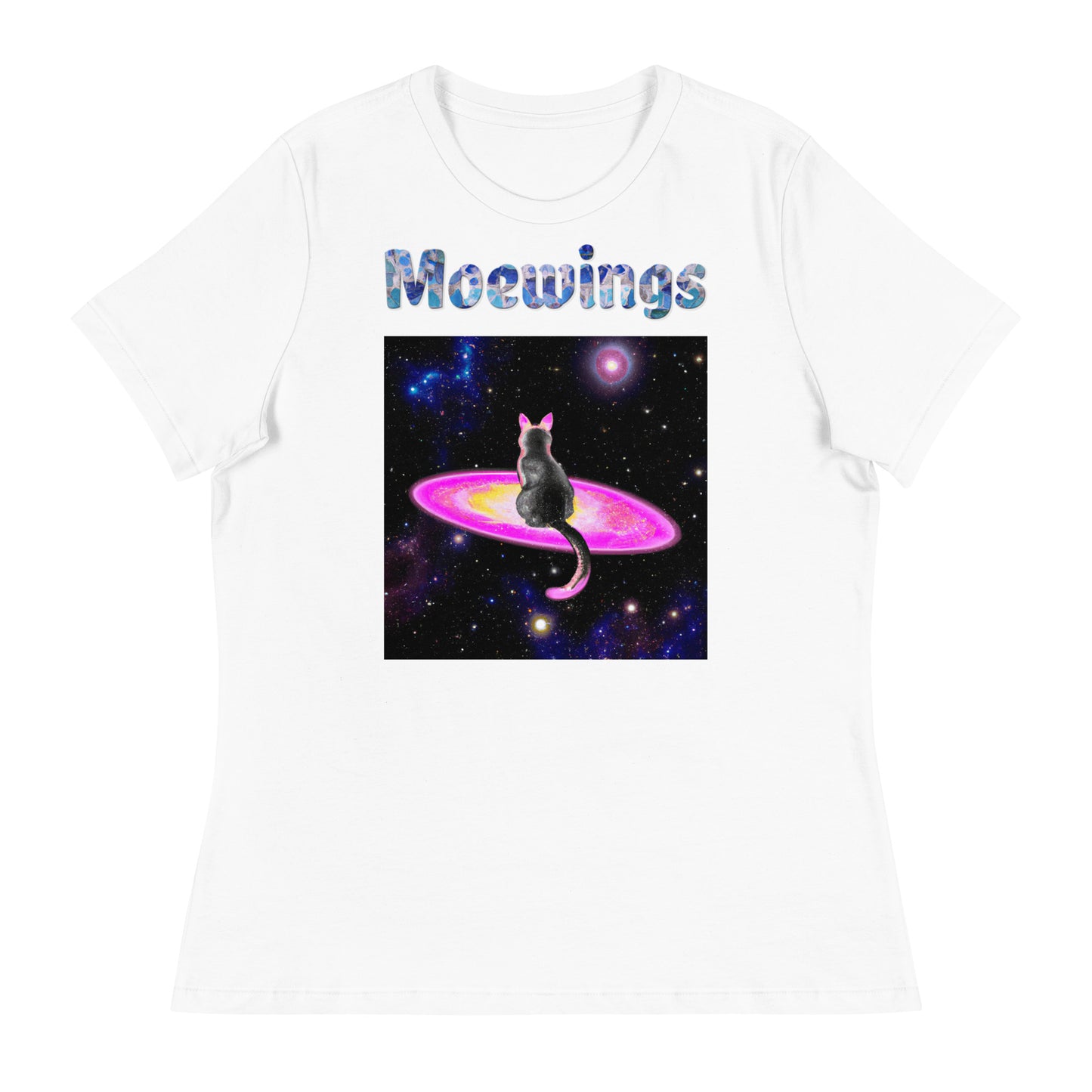 Women's White T-Shirt with Cat On a Galaxy with a text "Moewings" at $25.97 found at Personalizedpetlovergifts