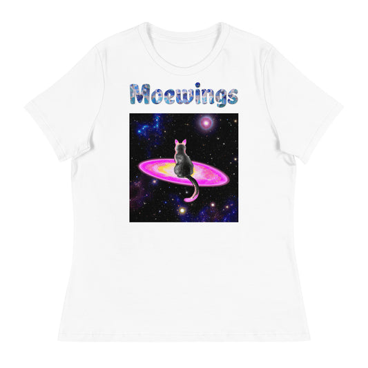 Women's White T-Shirt with Cat On a Galaxy with a text "Moewings" at $25.97 found at Personalizedpetlovergifts