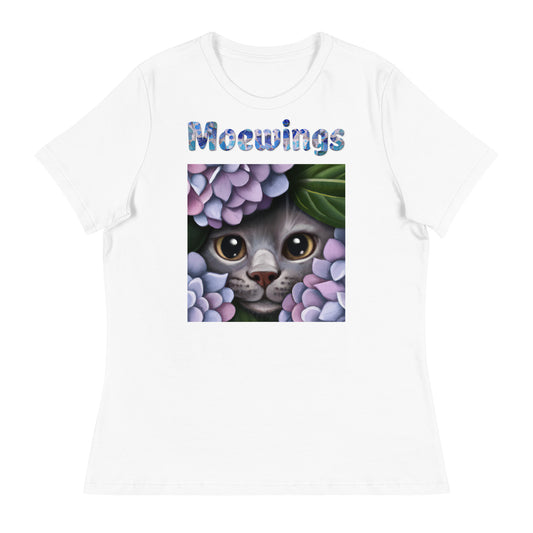 Women's White T-Shirt with Cat Looking Out Of Hydrangeas with a text "Moewings" at $25.97 found at Personalizedpetlovergifts