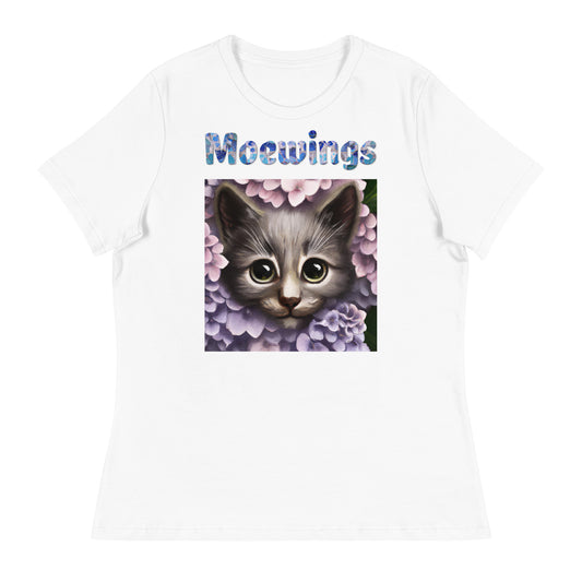 Women's White T-Shirt with Cat Looking Out Of Hydrangea Flowers with a text "Moewings" at $25.97 found at Personalizedpetlovergifts