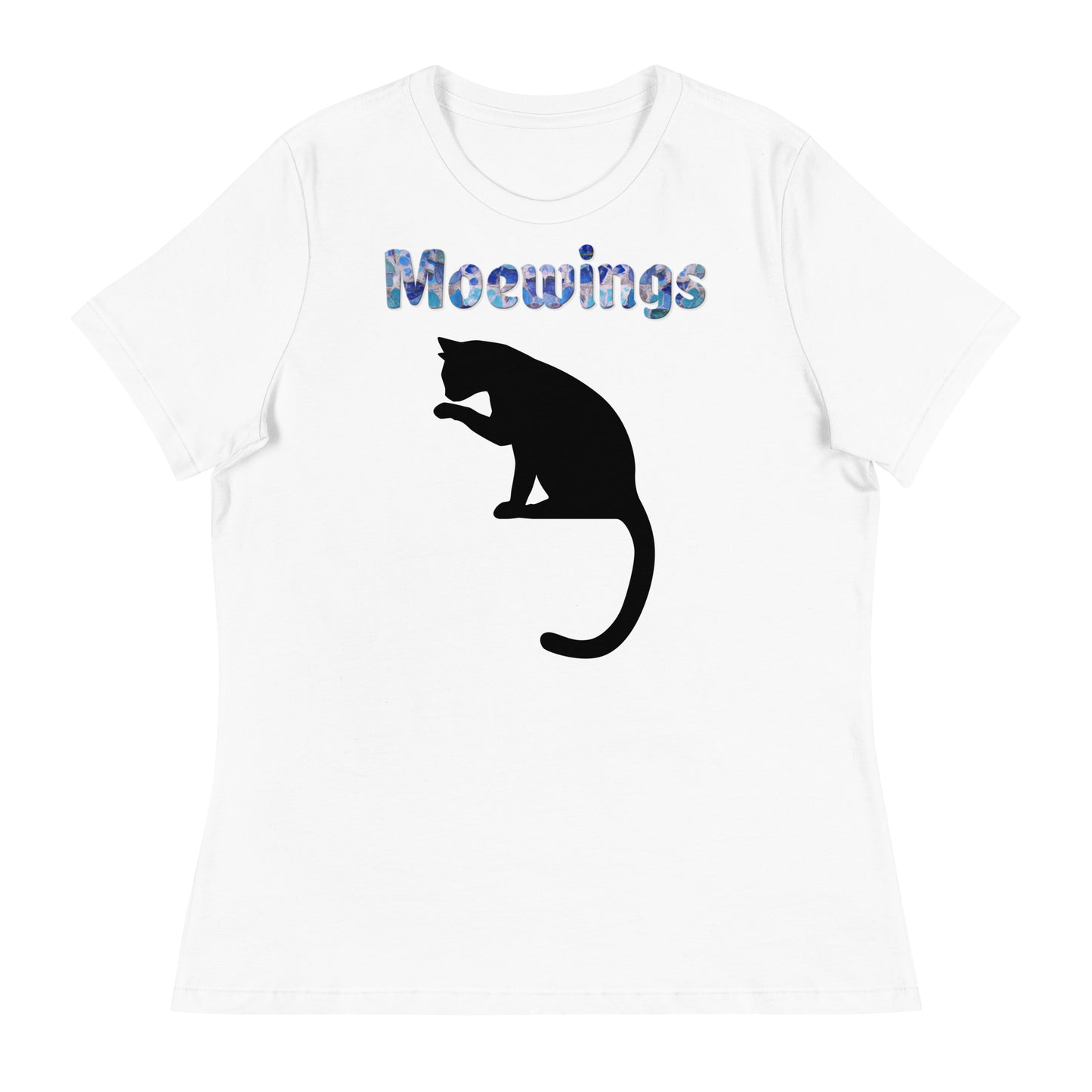 Women's White T-Shirt with Cat Licking Its Paw with a text "Moewings" at $25.97 found at Personalizedpetlovergifts