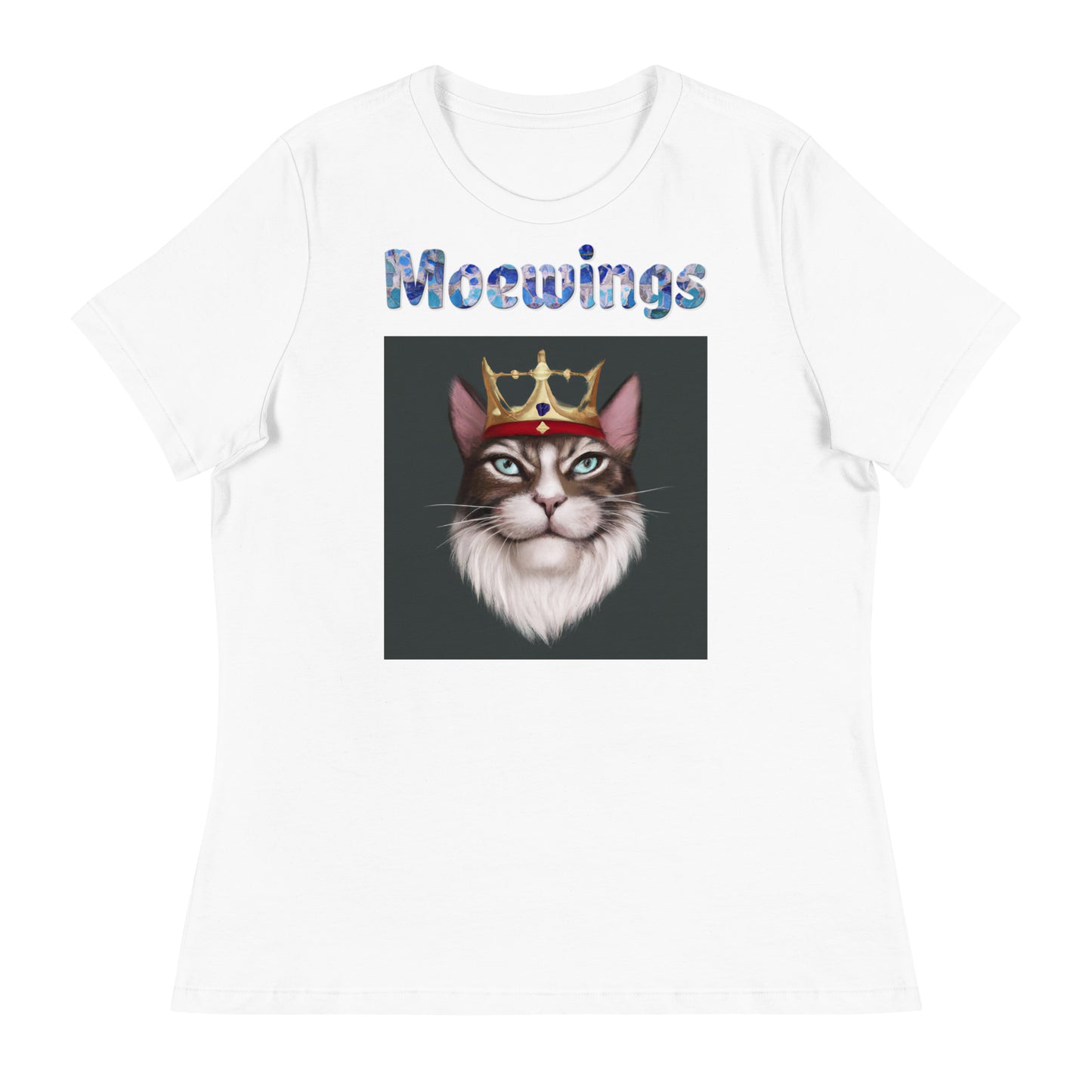 Women's White T-Shirt with Cat King with a text "Moewings" at $25.97 found at Personalizedpetlovergifts