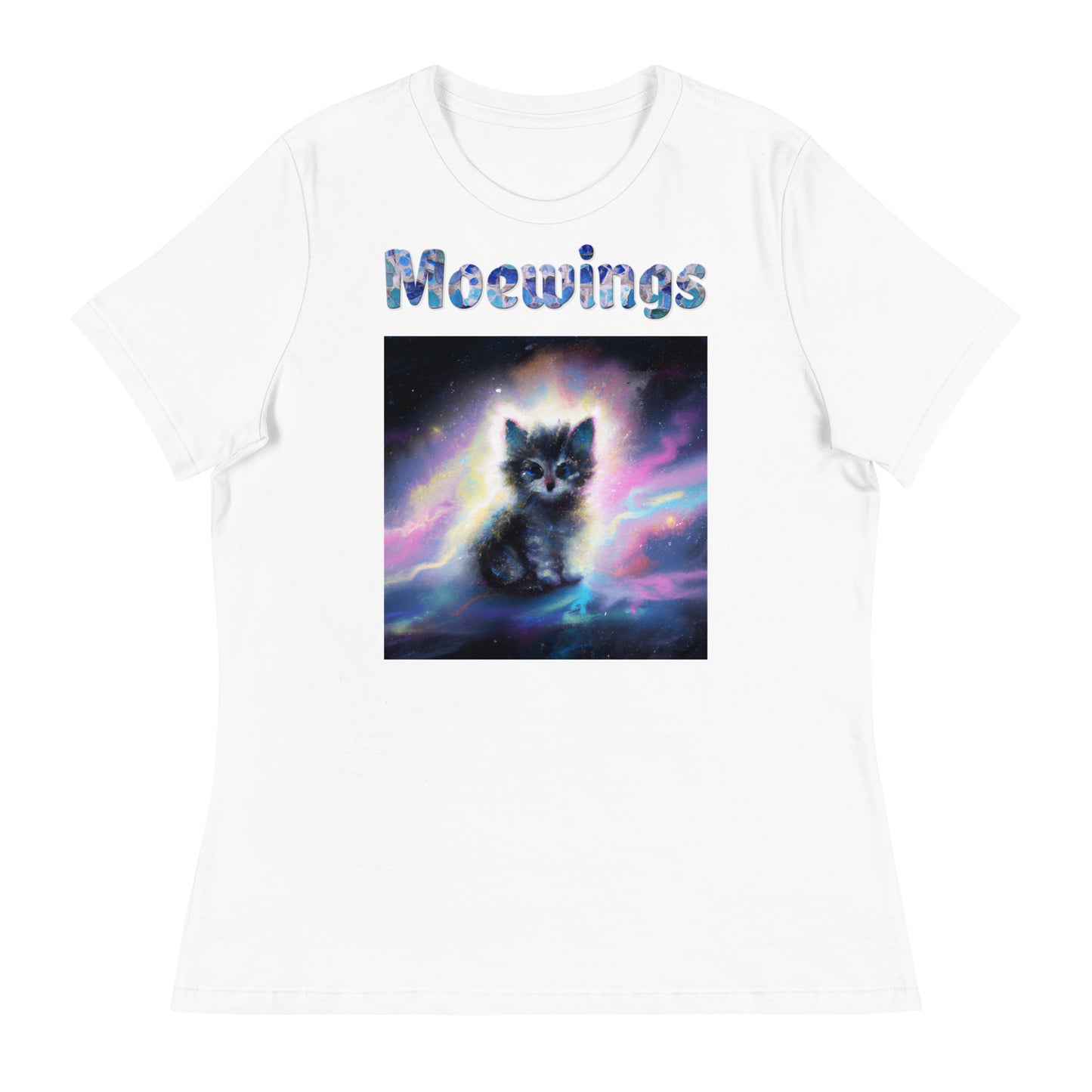 Women's White T-Shirt with Cat In The Space with a text "Moewings" at $25.97 found at Personalizedpetlovergifts