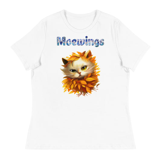 Women's White T-Shirt with Cat In Orange Autumn Leaves with a text "Moewings" at $25.97 found at Personalizedpetlovergifts