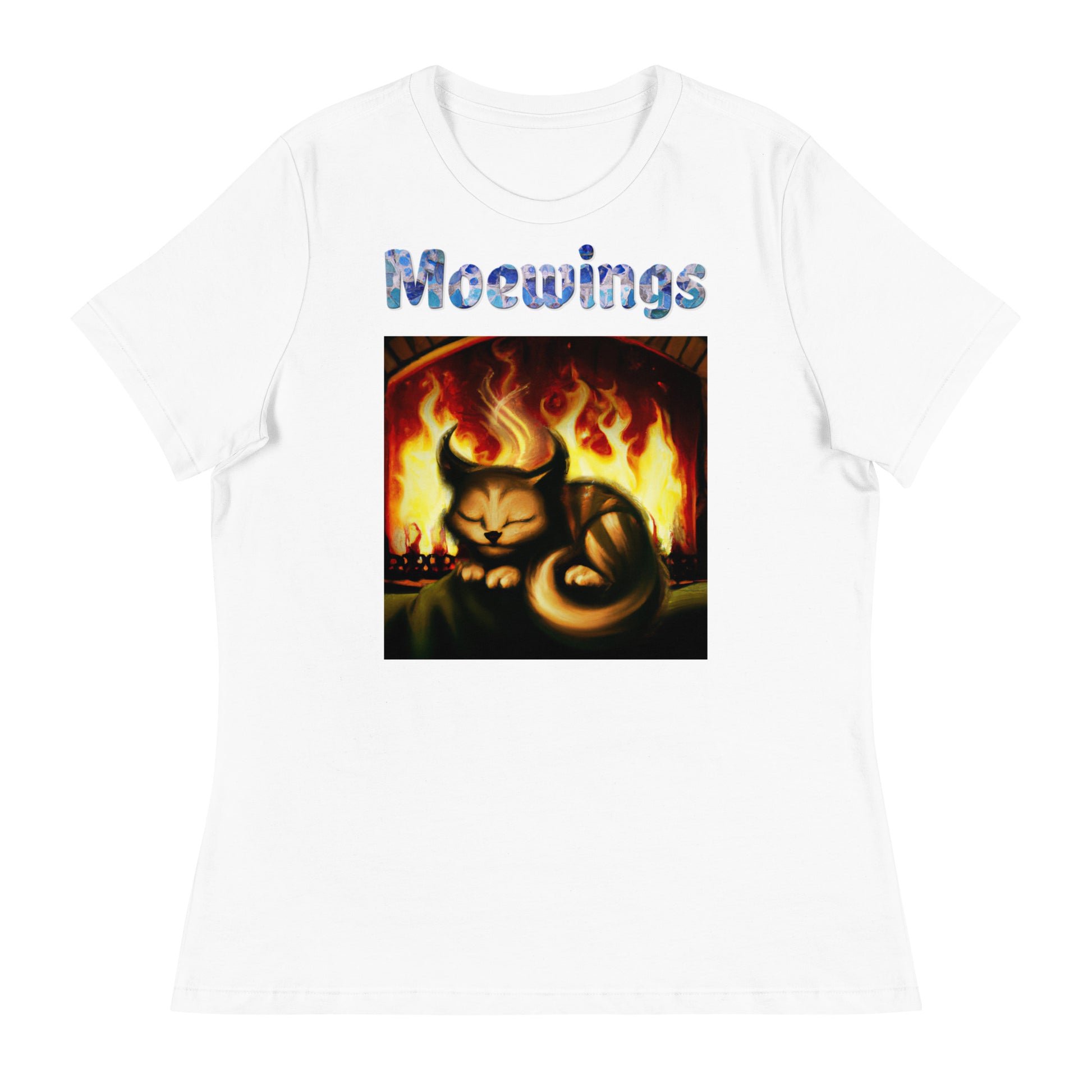 Women's White T-Shirt with Cat In Front Of a Fireplace with a text "Moewings" at $25.97 found at Personalizedpetlovergifts