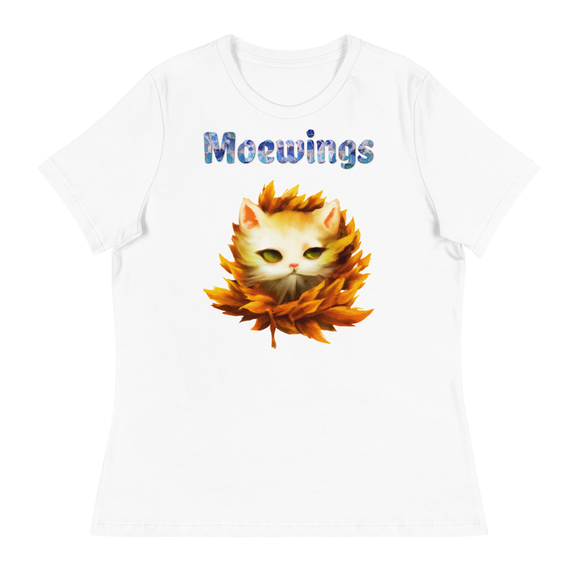 Women's White T-Shirt with Cat In Falling Leaves with a text "Moewings" at $25.97 found at Personalizedpetlovergifts