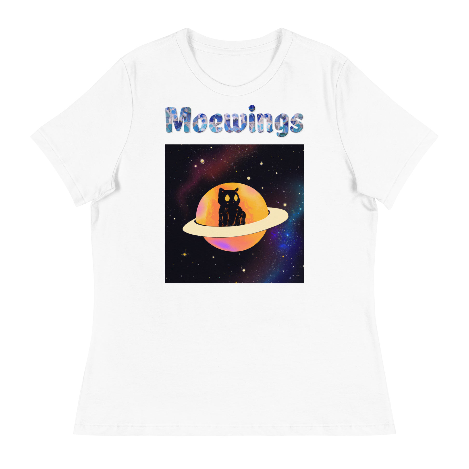 Women's White T-Shirt with Cat In a Saturn with a text "Moewings" at $25.97 found at Personalizedpetlovergifts