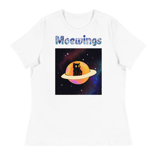 Women's White T-Shirt with Cat In a Saturn with a text "Moewings" at $25.97 found at Personalizedpetlovergifts