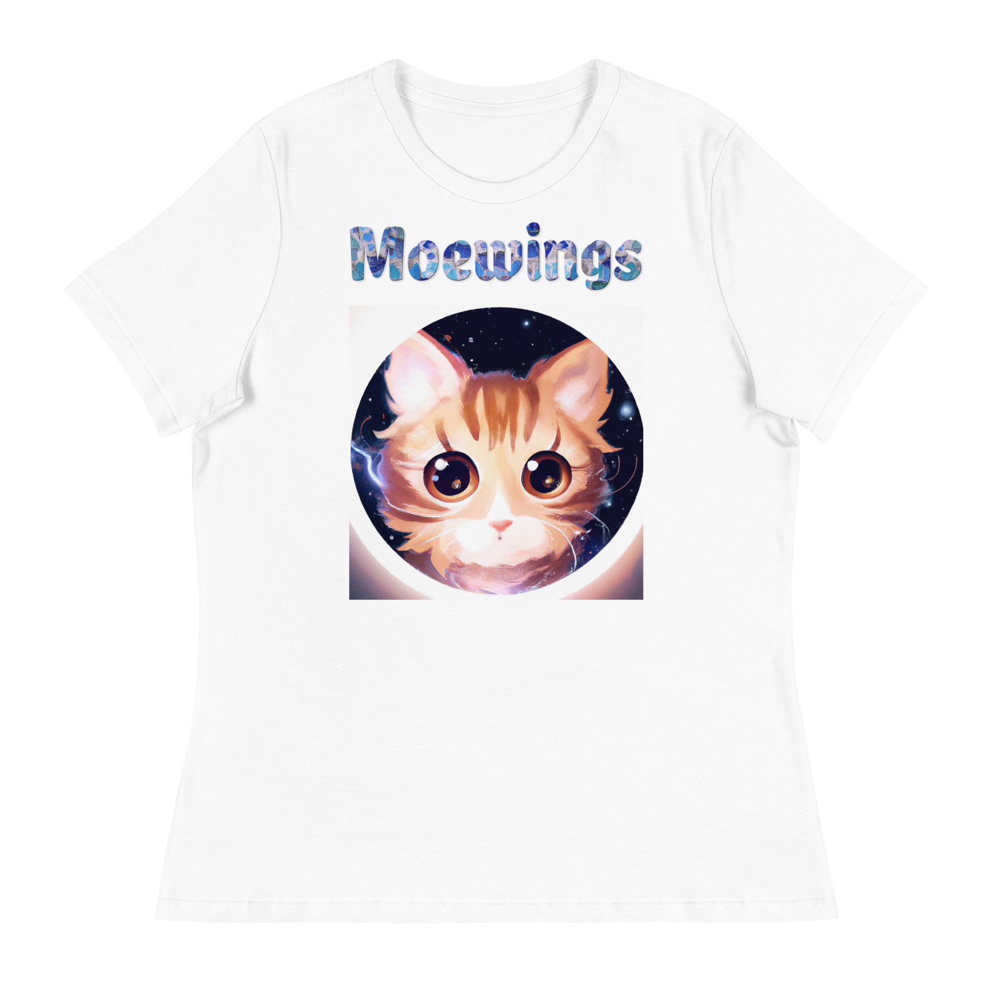 Women's White T-Shirt with Cat In a Galaxy Circle with a text "Moewings" at $25.97 found at Personalizedpetlovergifts