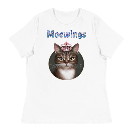 Women's White T-Shirt with Cat In a Circle With a Tiara with a text "Moewings" at $25.97 found at Personalizedpetlovergifts