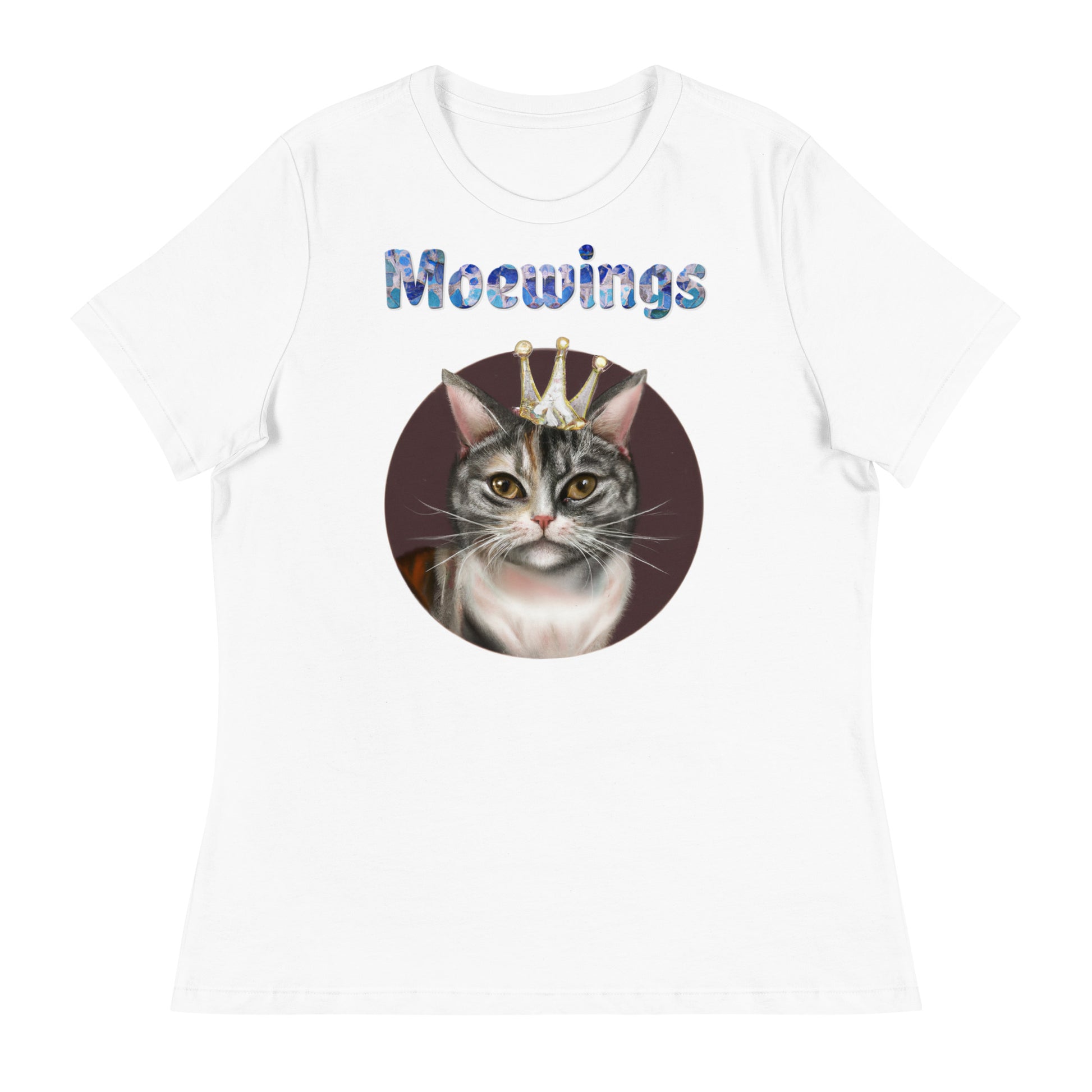 Women's White T-Shirt with Cat In a Circle With a Crown with a text "Moewings" at $25.97 found at Personalizedpetlovergifts