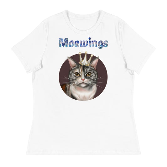 Women's White T-Shirt with Cat In a Circle With a Crown with a text "Moewings" at $25.97 found at Personalizedpetlovergifts