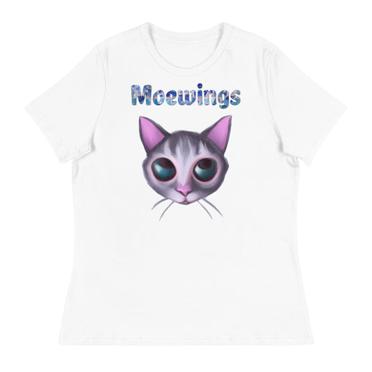 Women's White T-Shirt with Cat Face with a text "Moewings" at $25.97 found at Personalizedpetlovergifts