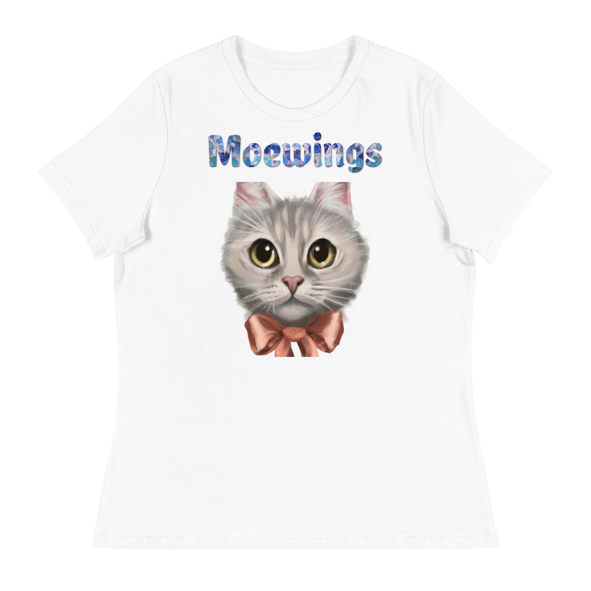 Women's White T-Shirt with Cat Face With Orange Bow with a text "Moewings" at $25.97 found at Personalizedpetlovergifts