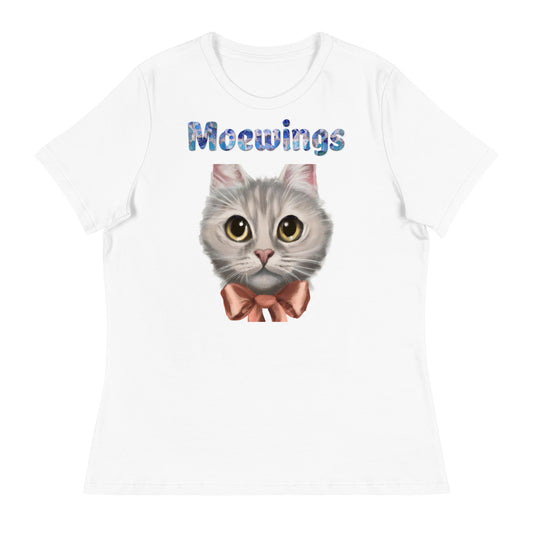 Women's White T-Shirt with Cat Face With Orange Bow with a text "Moewings" at $25.97 found at Personalizedpetlovergifts