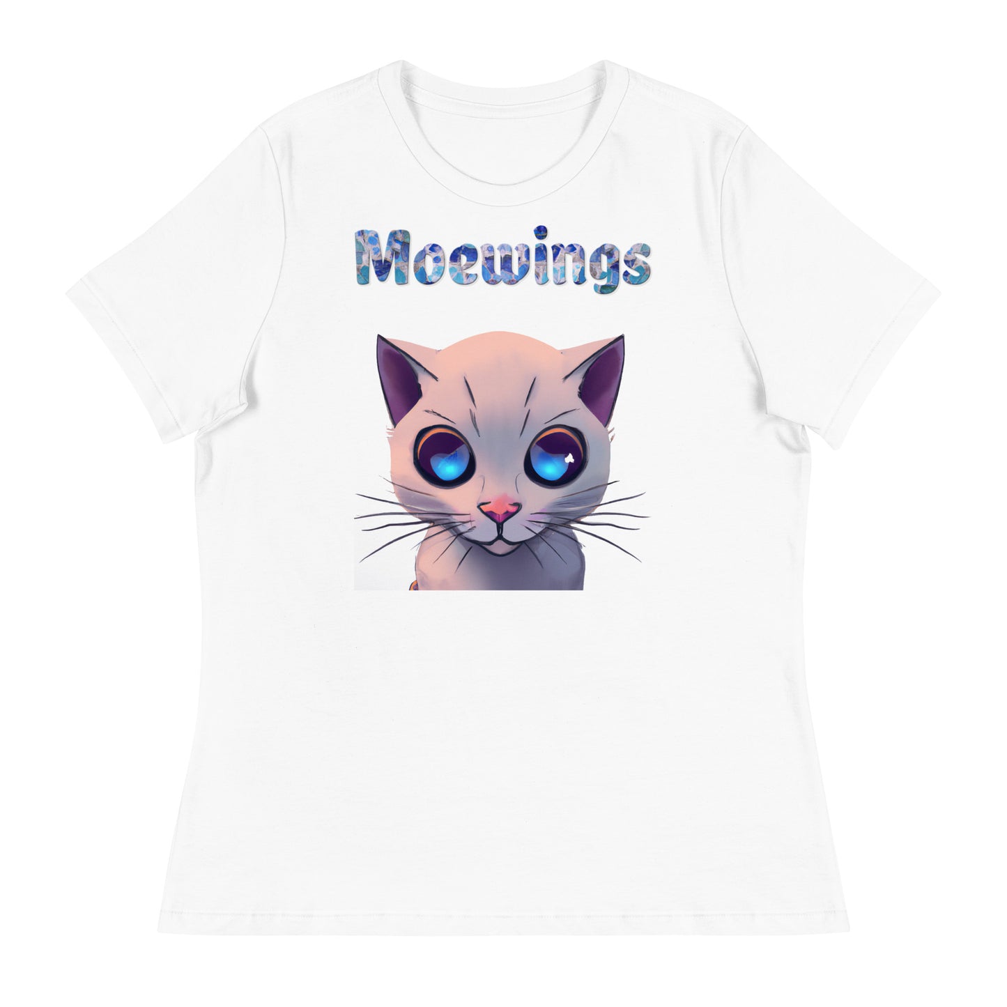 Women's White T-Shirt with Cat Face With Blue Eyes with a text "Moewings" at $25.97 found at Personalizedpetlovergifts