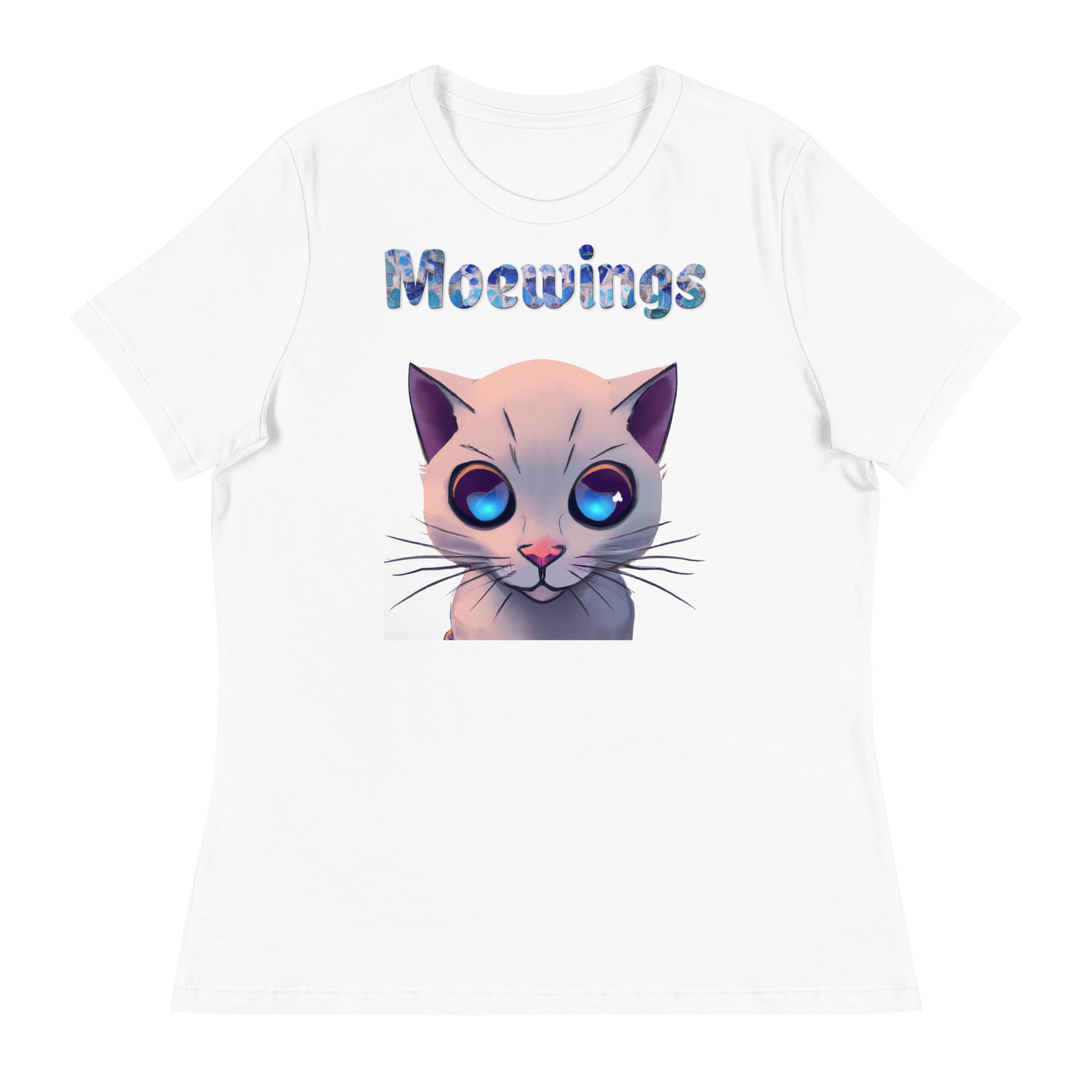 Women's White T-Shirt with Cat Face With Blue Eyes with a text "Moewings" at $25.97 found at Personalizedpetlovergifts