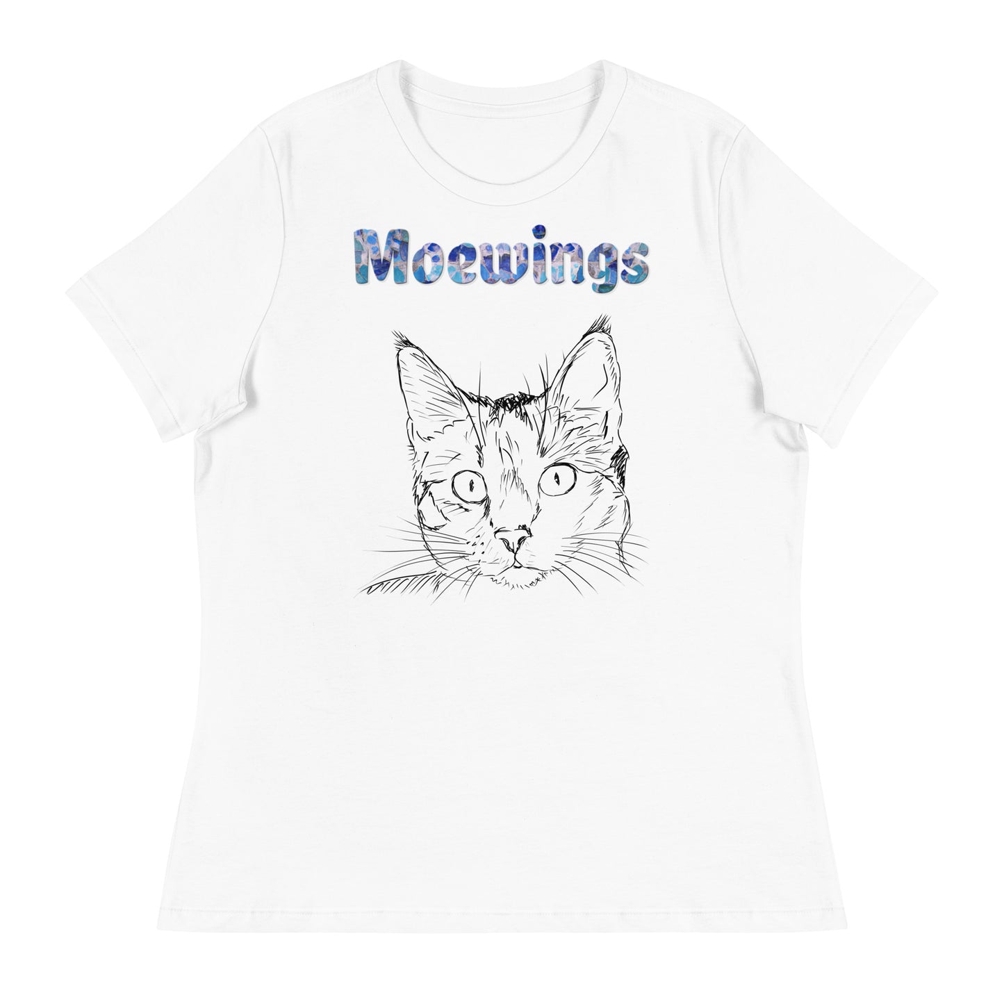 Women's White T-Shirt with Cat Face Line Art with a text "Moewings" at $25.97 found at Personalizedpetlovergifts