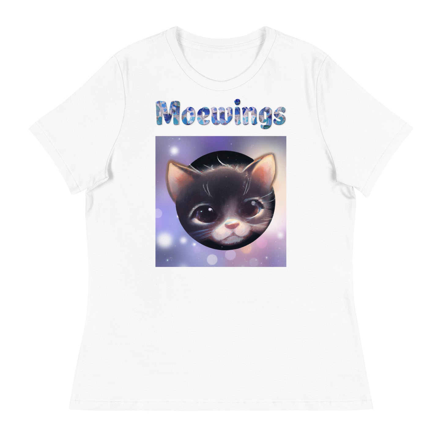 Women's White T-Shirt with Cat Face In a Circle with a text "Moewings" at $25.97 found at Personalizedpetlovergifts