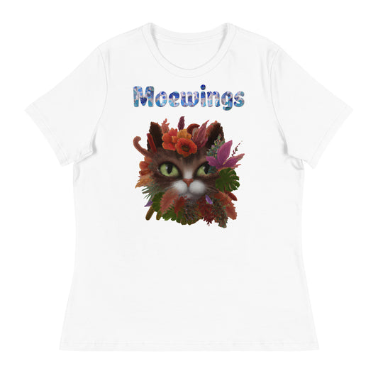 Women's White T-Shirt with Cat Face Covered In Flowers with a text "Moewings" at $25.97 found at Personalizedpetlovergifts