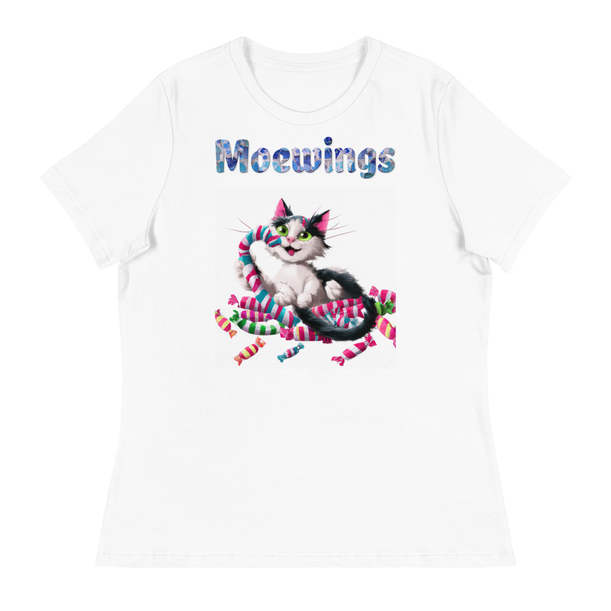 Women's White T-Shirt with Cat Eating Candies with a text "Moewings" at $25.97 found at Personalizedpetlovergifts