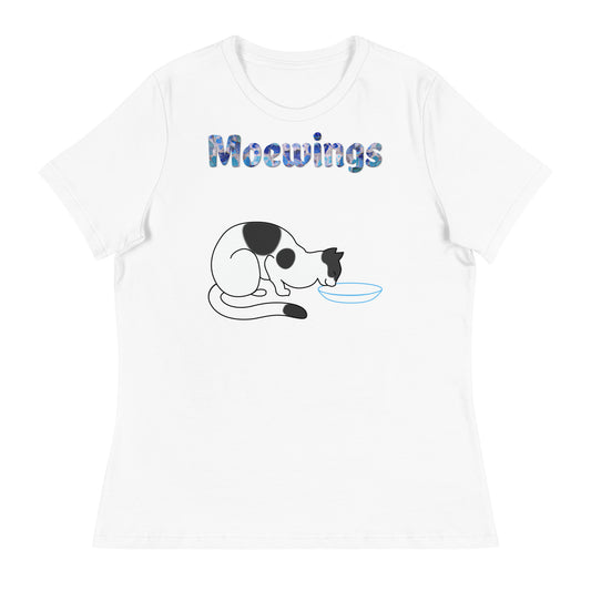 Women's White T-Shirt with Cat Drinking Milk with a text "Moewings" at $25.97 found at Personalizedpetlovergifts