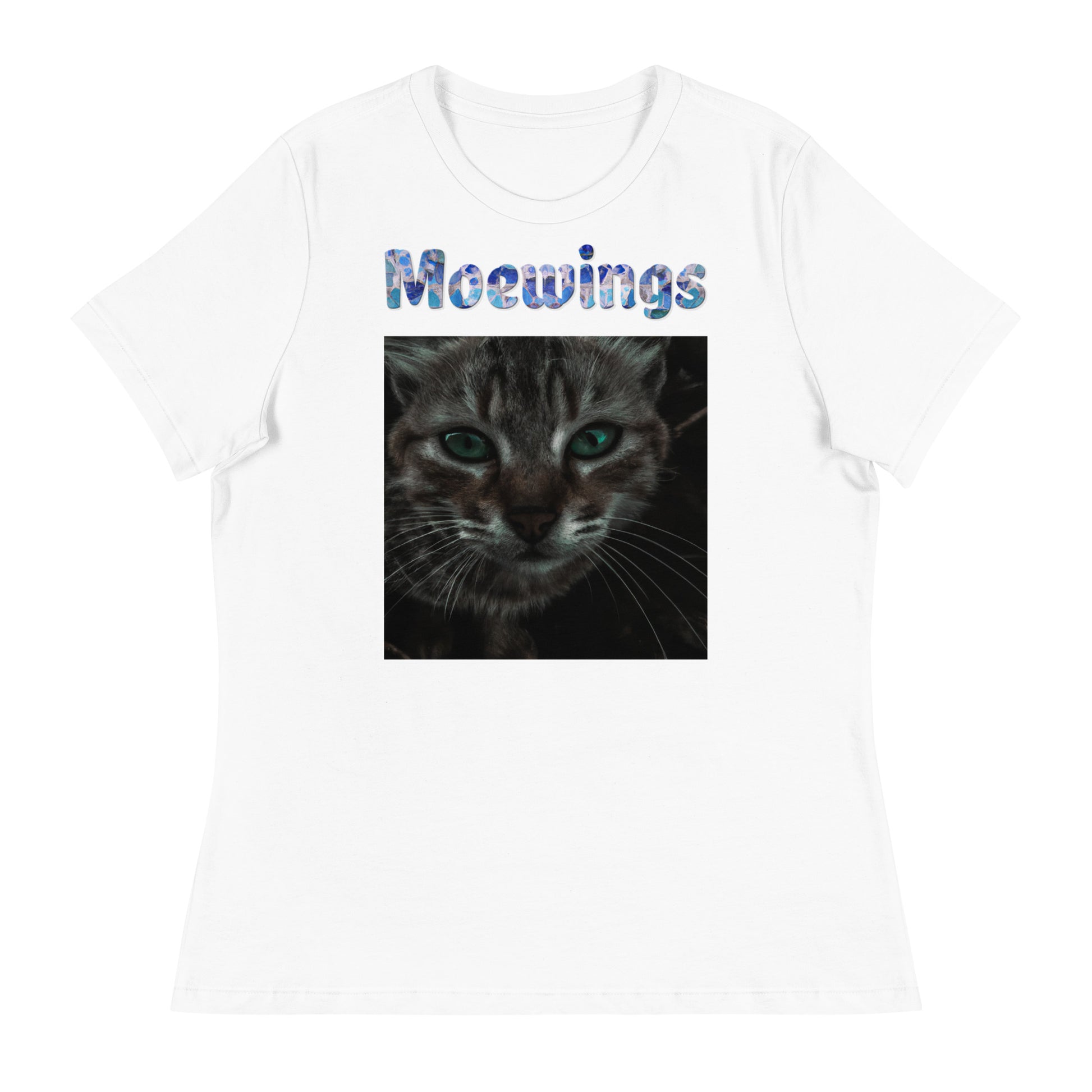 Women's White T-Shirt with Cat Closeup with a text "Moewings" at $25.97 found at Personalizedpetlovergifts