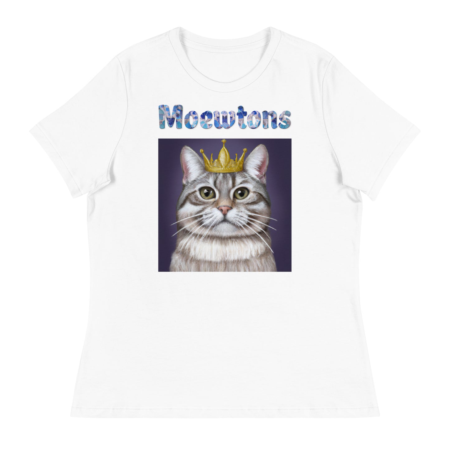 Women's White T-Shirt with Cat With a Crown with a text "Moewtons" at $25.97 found at Personalizedpetlovergifts