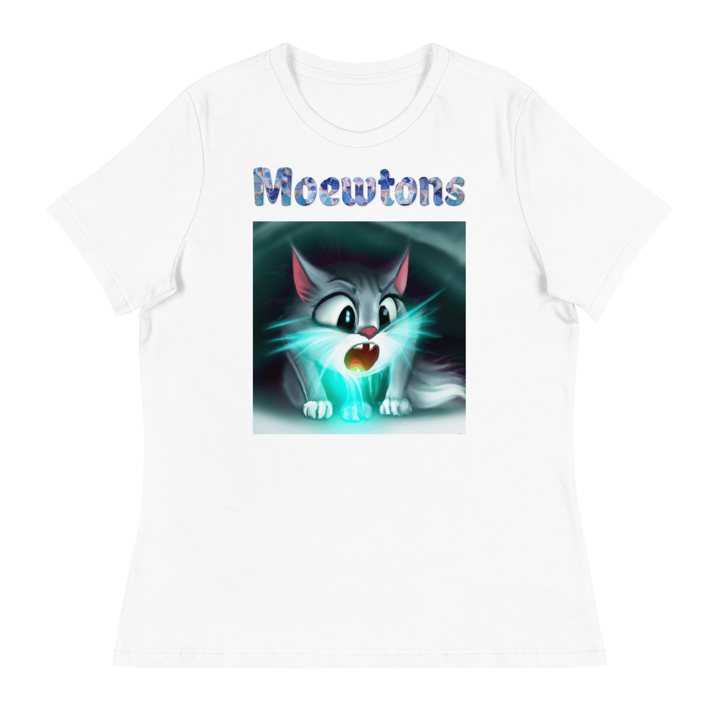 Women's White T-Shirt with Cat With a Blue Light with a text "Moewtons" at $25.97 found at Personalizedpetlovergifts