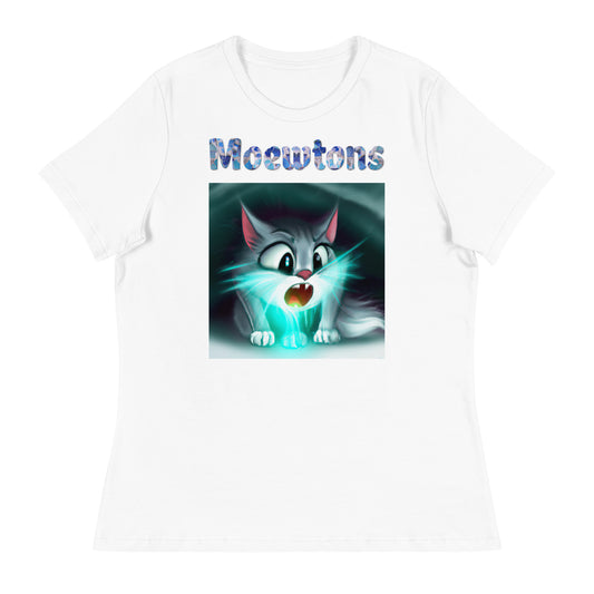 Women's White T-Shirt with Cat With a Blue Light with a text "Moewtons" at $25.97 found at Personalizedpetlovergifts