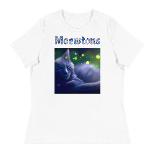 Women's White T-Shirt with Cat Sleeping with a text "Moewtons" at $25.97 found at Personalizedpetlovergifts