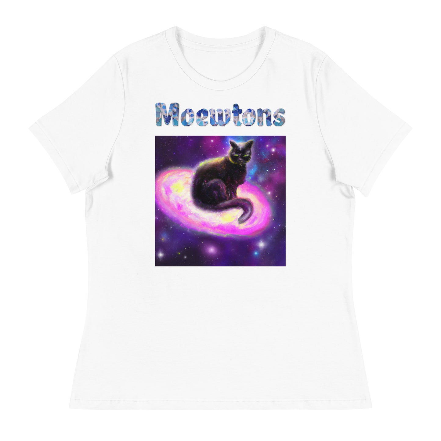 Women's White T-Shirt with Cat Sitting On A Galaxy with a text "Moewtons" at $25.97 found at Personalizedpetlovergifts