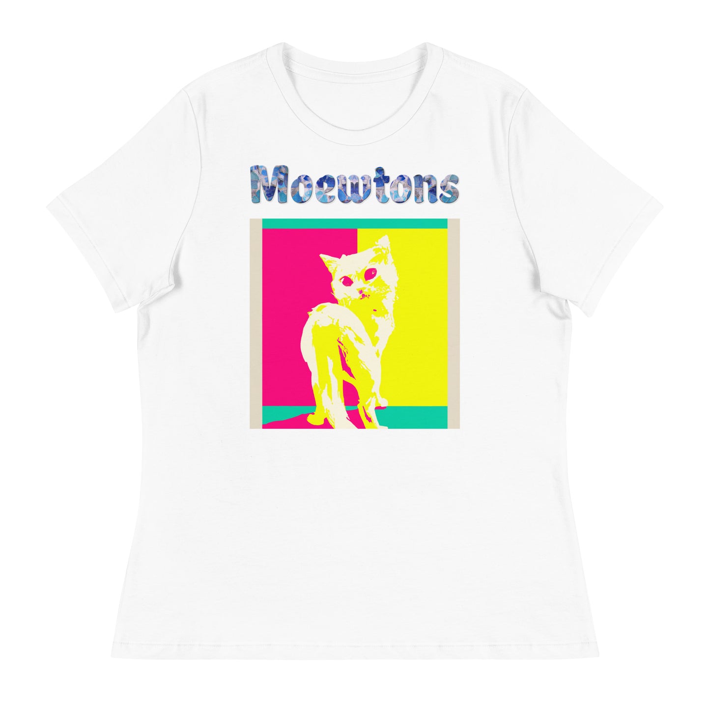 Women's White T-Shirt with Cat Poster Art with a text "Moewtons" at $25.97 found at Personalizedpetlovergifts