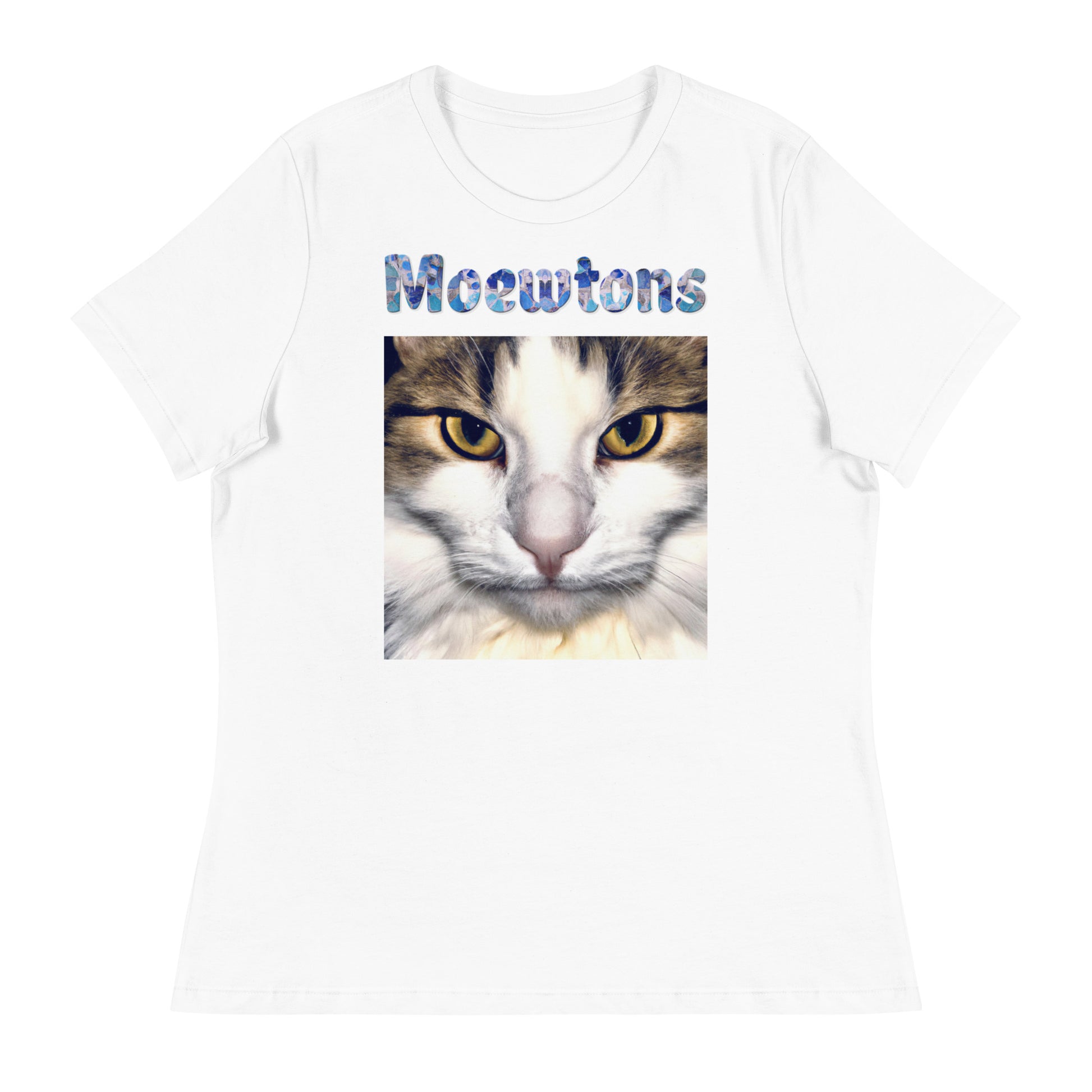 Women's White T-Shirt with Cat Portrait with a text "Moewtons" at $25.97 found at Personalizedpetlovergifts