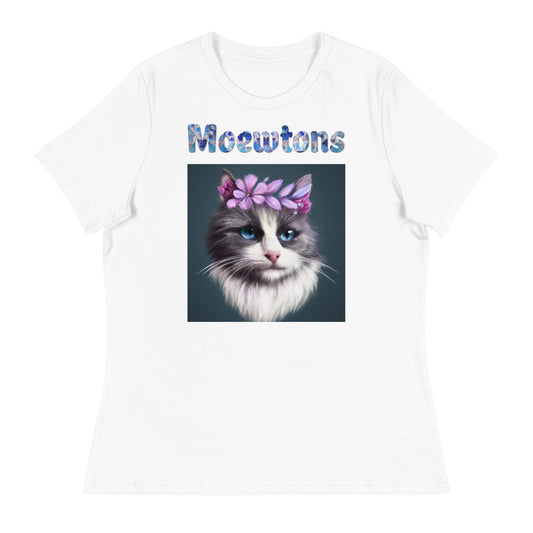 Women's White T-Shirt with Cat Portrait With Purple Flowers with a text "Moewtons" at $25.97 found at Personalizedpetlovergifts