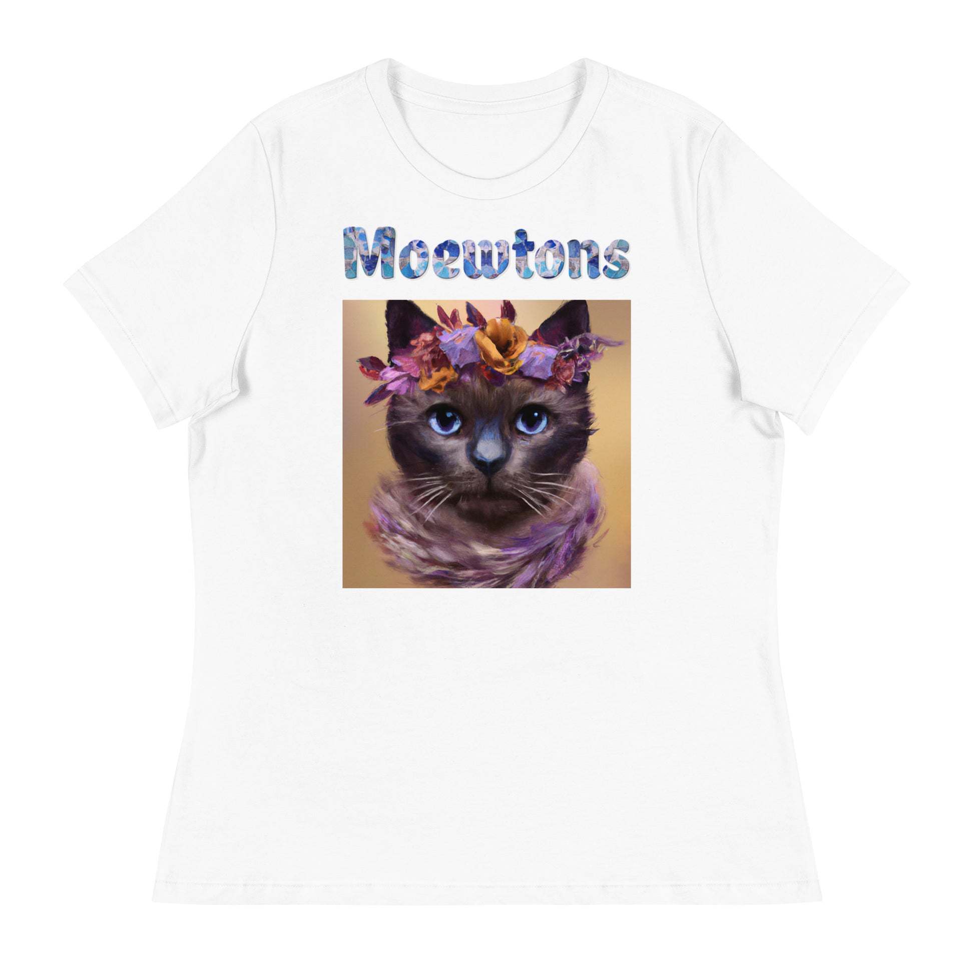 Women's White T-Shirt with Cat Portrait With Flowers And Blue Eyes with a text "Moewtons" at $25.97 found at Personalizedpetlovergifts