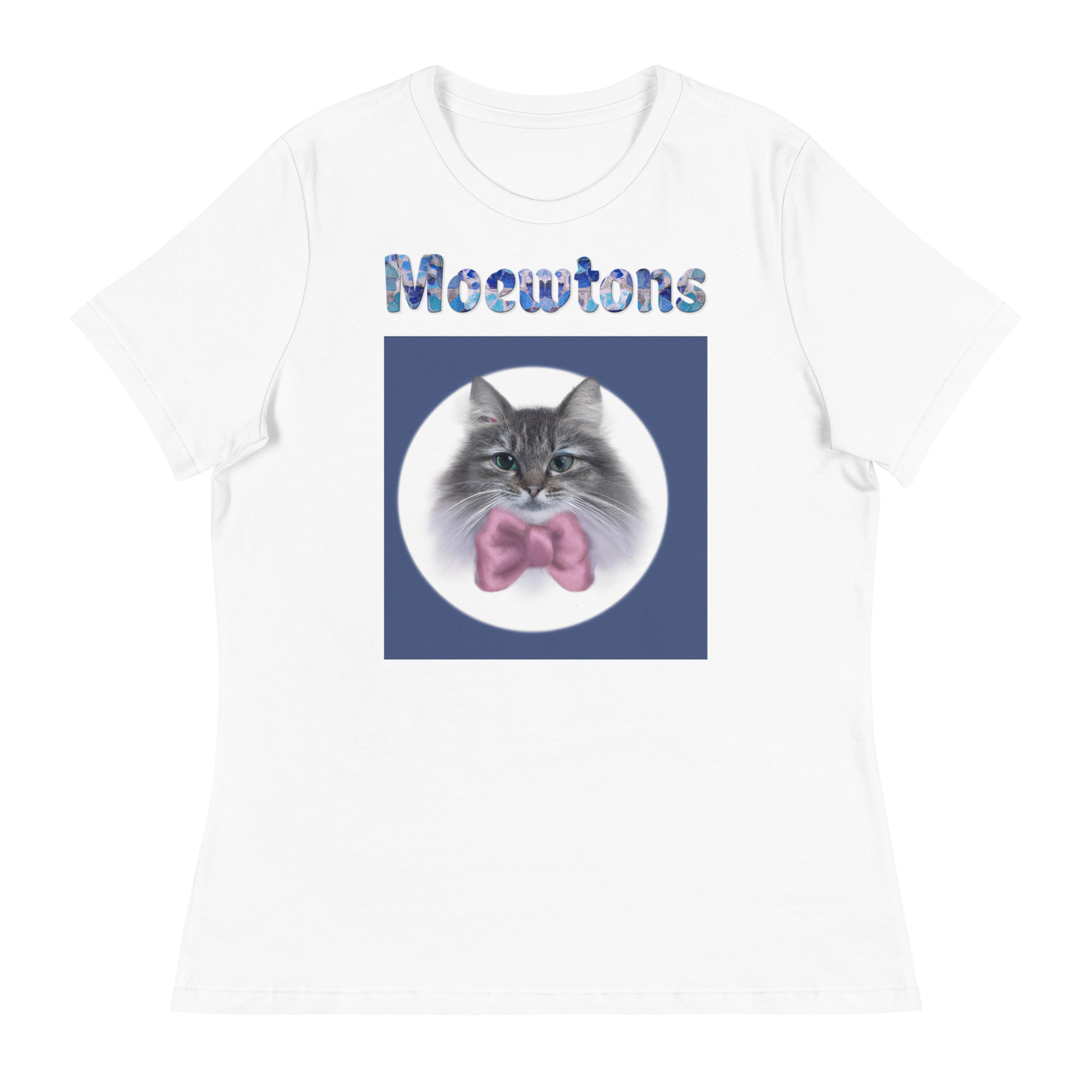 Women's White T-Shirt with Cat Portrait With a Pink Bow with a text "Moewtons" at $25.97 found at Personalizedpetlovergifts