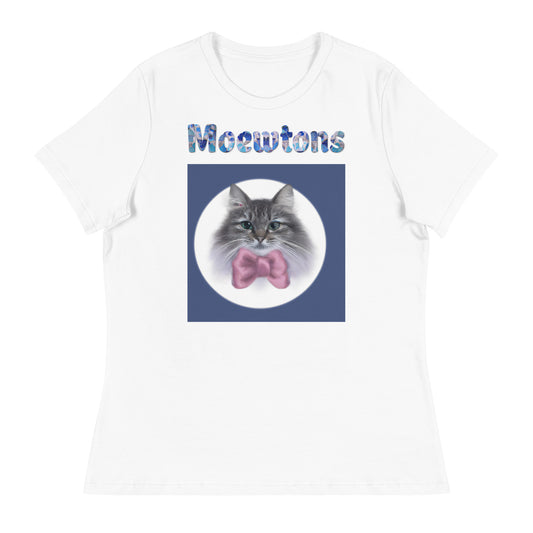 Women's White T-Shirt with Cat Portrait With a Pink Bow with a text "Moewtons" at $25.97 found at Personalizedpetlovergifts