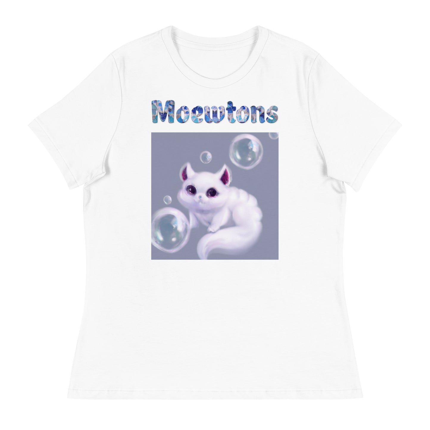 Women's White T-Shirt with Cat Playing With Soap Bubbles with a text "Moewtons" at $25.97 found at Personalizedpetlovergifts