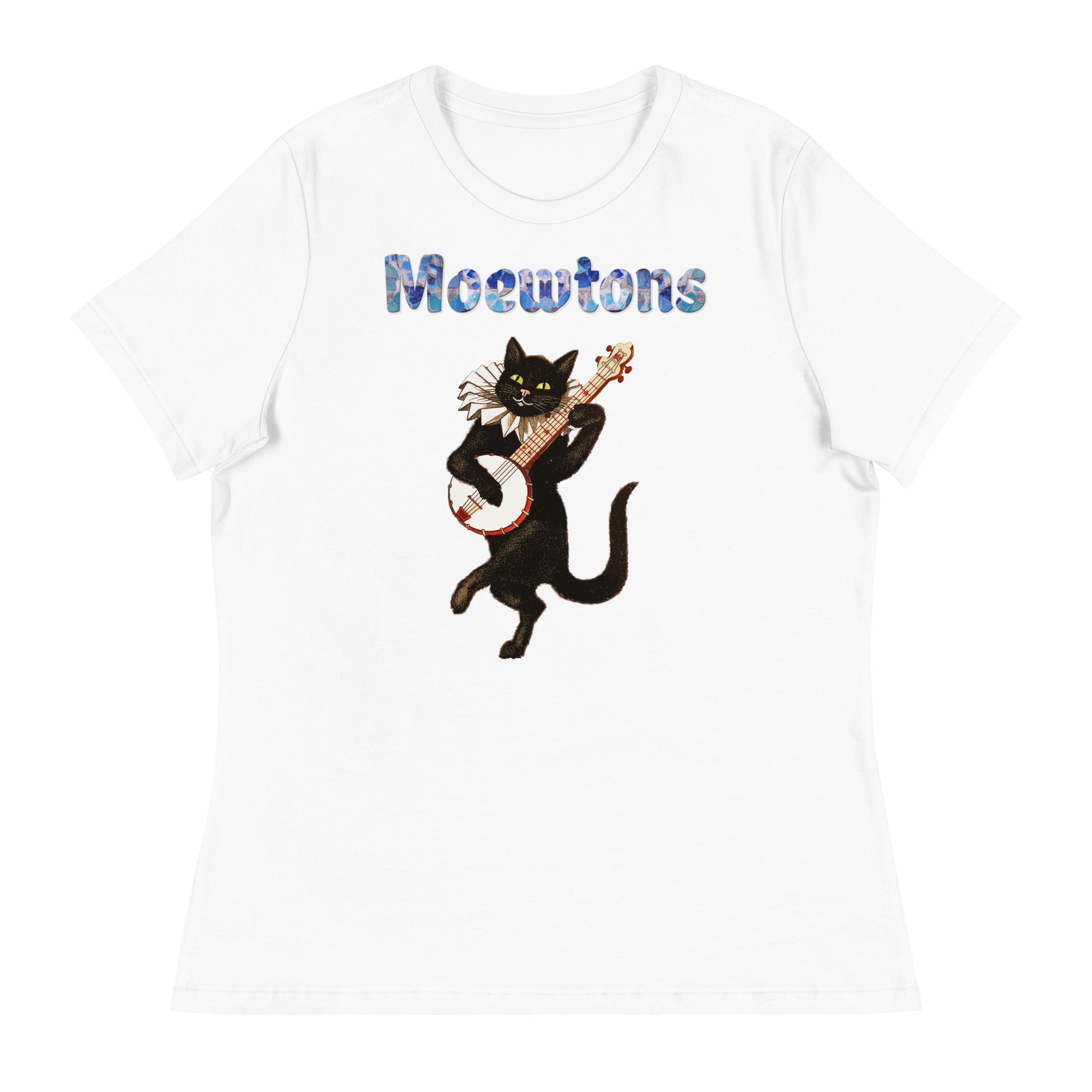 Women's White T-Shirt with Cat Playing a Banjo with a text "Moewtons" at $25.97 found at Personalizedpetlovergifts