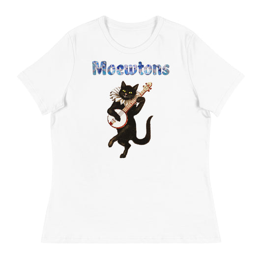 Women's White T-Shirt with Cat Playing a Banjo with a text "Moewtons" at $25.97 found at Personalizedpetlovergifts