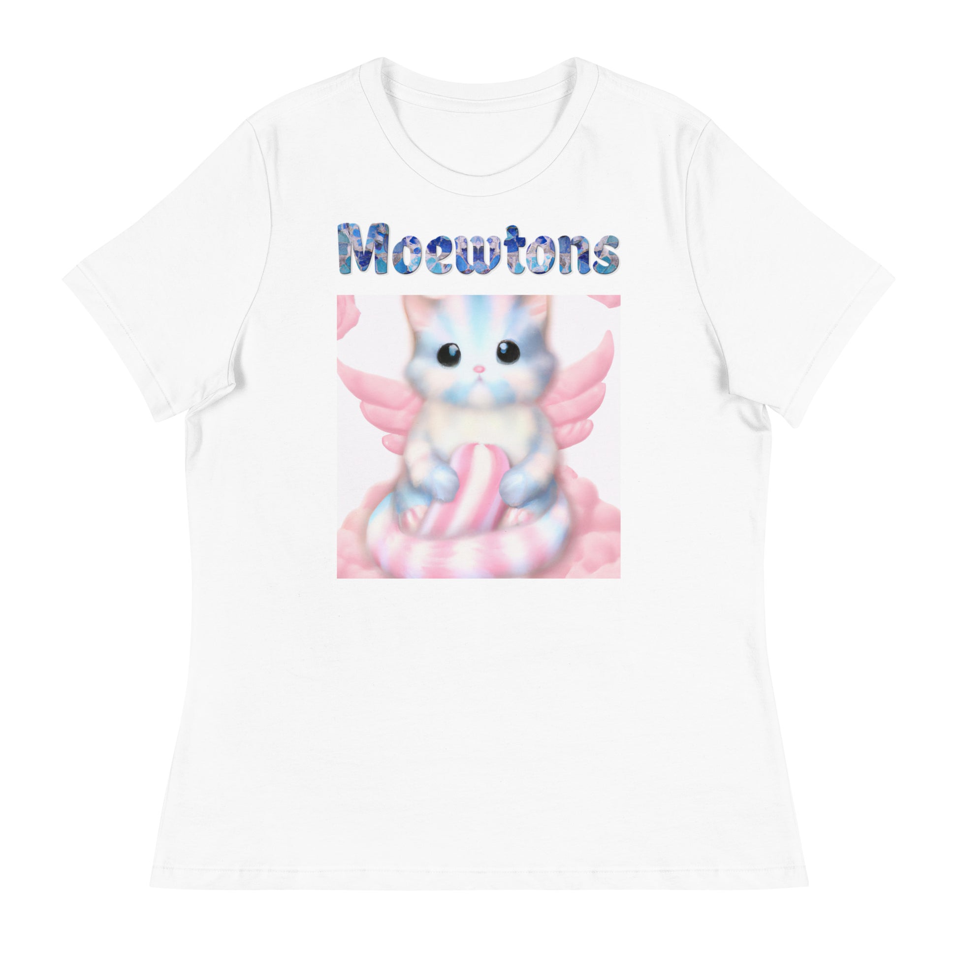 Women's White T-Shirt with Cat On Fluffy Cloud With Wings with a text "Moewtons" at $25.97 found at Personalizedpetlovergifts