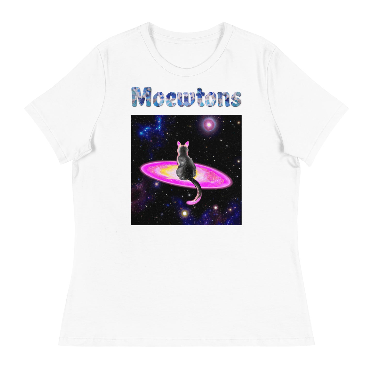 Women's White T-Shirt with Cat On a Galaxy with a text "Moewtons" at $25.97 found at Personalizedpetlovergifts