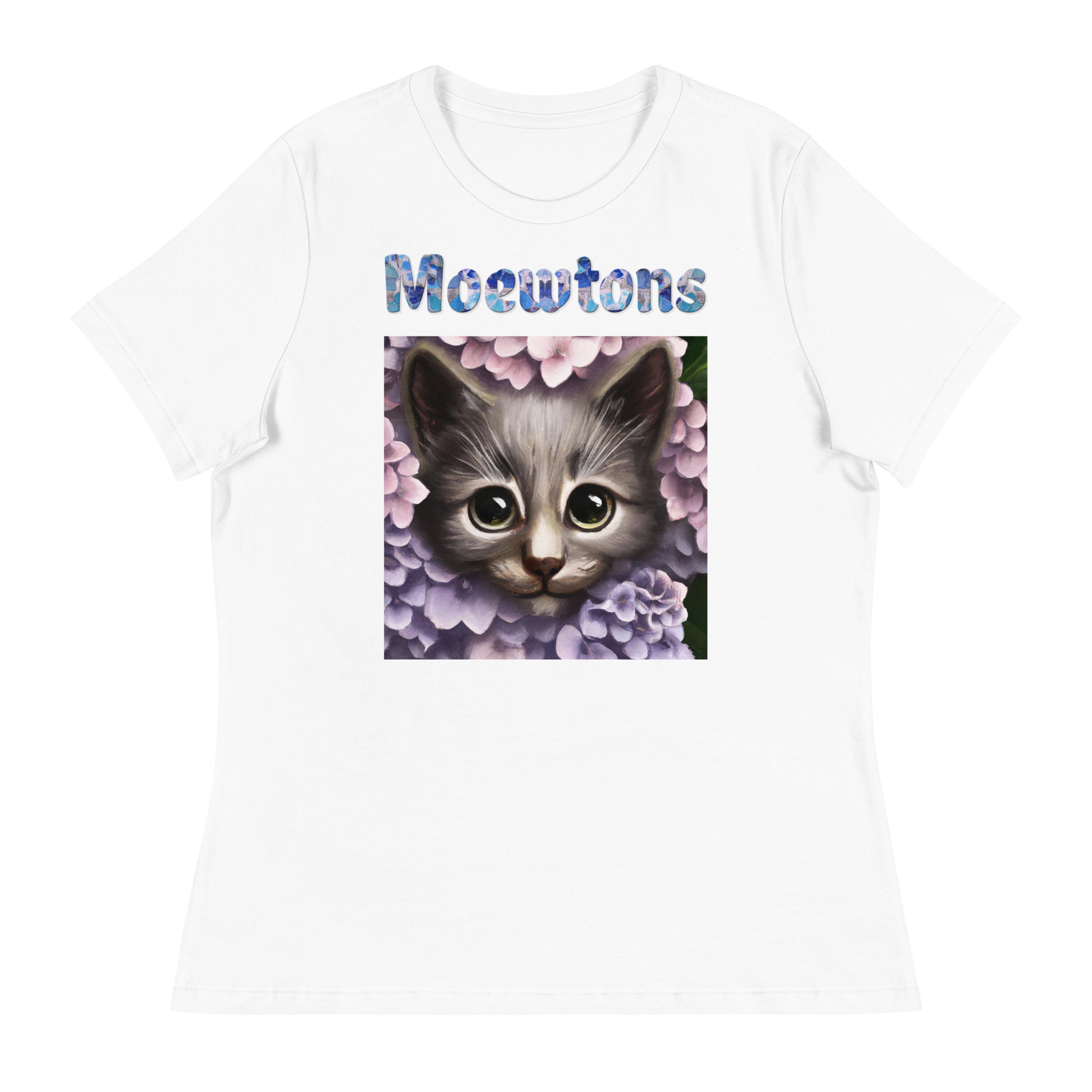 Women's White T-Shirt with Cat Looking Out Of Hydrangea Flowers with a text "Moewtons" at $25.97 found at Personalizedpetlovergifts