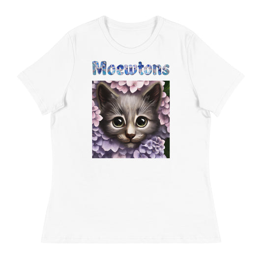 Women's White T-Shirt with Cat Looking Out Of Hydrangea Flowers with a text "Moewtons" at $25.97 found at Personalizedpetlovergifts